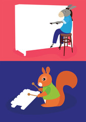 Fototapeta premium Illustration of a squirrel playing a piano and sitting on a stool
