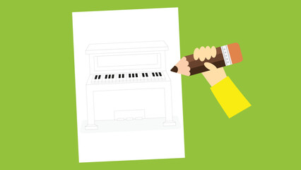 Illustration of a person drawing a piano with a pencil on a sheet of paper © Volodymyr