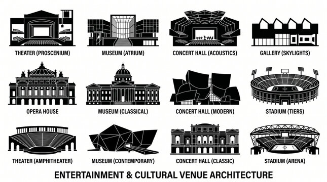 Comprehensive vector collection of entertainment and cultural venue architecture silhouettes featuring theaters, museums, concert halls, galleries, opera houses