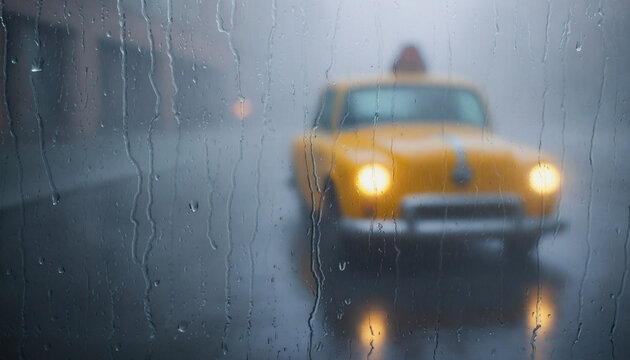 Vintage yellow taxi seen through a wet car window in New York during a rainy day on a busy street