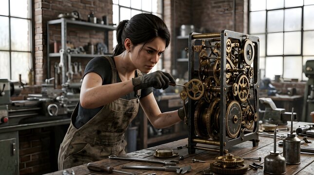 Female Artisan Repairing Intricate Clockwork Mechanism in Workshop