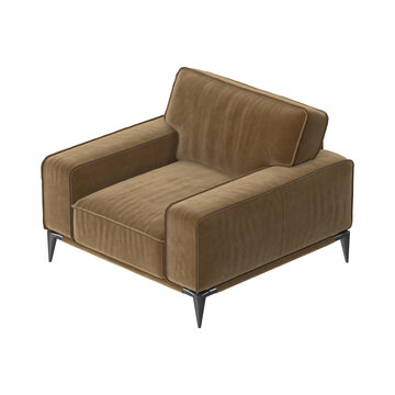 Modern Brown Velvet Armchair with Metal Legs, Isometric View, 3D Render on White Background