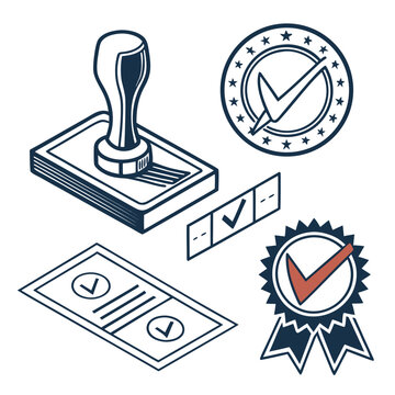 An illustrative depiction showcases various approval and certification symbols including a stamp checkmarks and a quality award ribbon high quality professional detailed modern elegant stylish clean