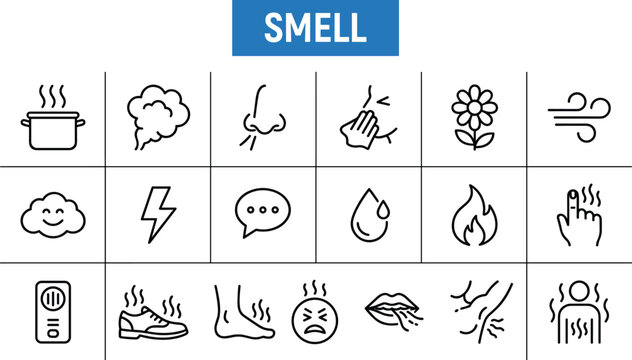 Smell and scent icon set featuring aroma fragrance odor perception nose symbols and sensory experience outline vector collection