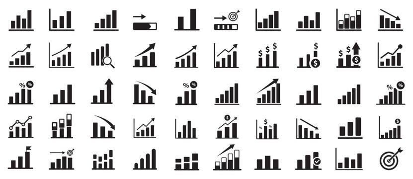 Growing bar graph icon set. Business graphs and charts icons. Statistics and analytics vector icon. Statistic and data, charts diagrams, money, up arrow Growth icon set. Containing arrow up. Eps 10