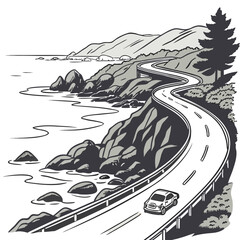 A winding coastal road stretches along a rocky shoreline featuring a small car traveling towards the horizon and distant mountains high quality professional detailed modern elegant © md ruhul11