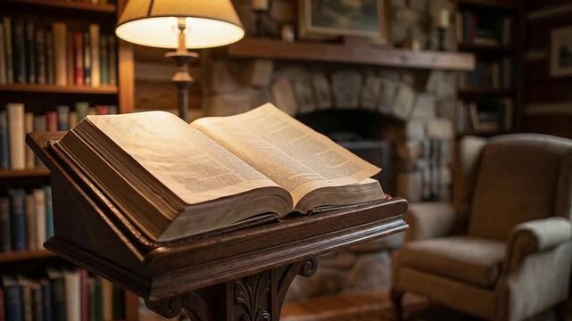 Open bible on wooden lectern, soft warm light from above, pages slightly visible, peaceful reading space