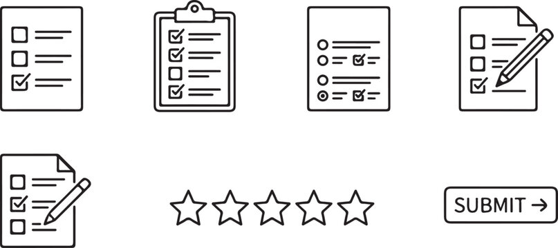Checklist and rating icons with submit button during concept of feedback Isolated on white background