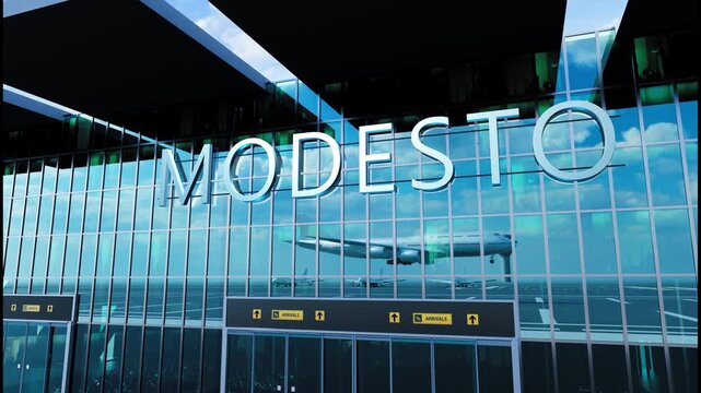 Airlane landing at Modesto, USA. Arrival in the city with reflection of airport and aircraft