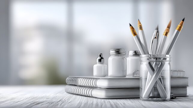 Stylish desk setup with pens, notebooks, and decor in a modern office setting.
