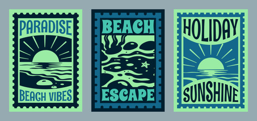 Set of Retro Summer Beach Vibes Flat Illustration for T-Shirt Print with Slogans, Vintage Tropical Apparel Sticker Design with Sunset, Sunrise, Tide pool, Coastal Travel Poster Badge Collection © Whiskerz