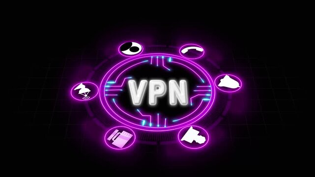 Neon VPN network security hub. VPN network security hub glows. This neon VPN network security hub with digital icons represents a secure virtual private network for tech media.