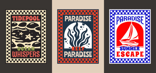 Set of Retro Summer Beach Vibes Flat Illustration for T-Shirt Print with Slogans, Vintage Tropical Apparel Sticker Design with Tide Pool, Seaweed, Sailboat, Coastal Travel Poster Badge Collection © Whiskerz