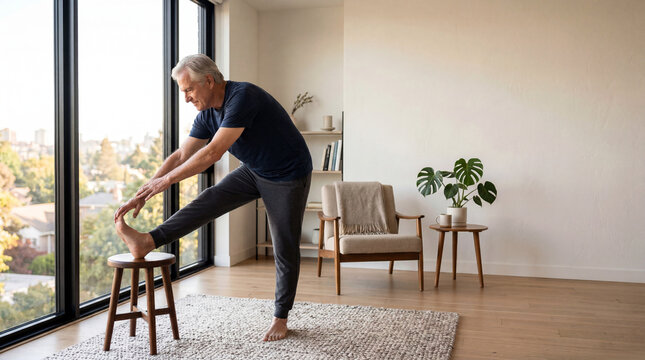 A senior man in a blue t-shirt and grey joggers performs a hamstring stretch using a wooden stool in a bright, minimalist apartment with floor-to-ceiling windows.