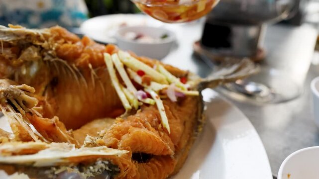 Crispy Fried Sea Bass with Mango Salad and Shrimp Sauce