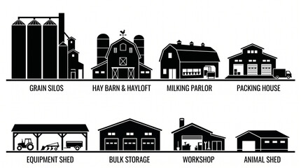 Comprehensive set of black farm building silhouettes including grain silos, hay barns, milking parlors, packing houses, equipment sheds, bulk storage units, workshops, and animal shelters. © Ai