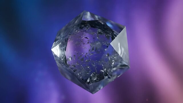 Closeup of a raw diamond crystal with facets reflecting light against a vibrant purple and blue background.