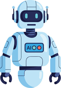 Cute robot character with futuristic design and AIO logo on chest standing alone