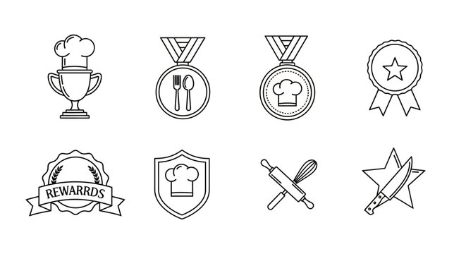 Collection of chef awards and kitchen icons.