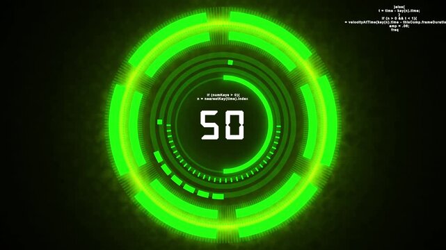 Vibrant green HUD countdown timer glows. HUD countdown timer stays. This HUD countdown timer with code snippets provides a high tech visual for modern digital interface media.