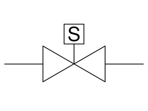 Solenoid operated valve P&ID symbol with S actuator for industrial automation and fluid control diagrams. Technical vector icon.