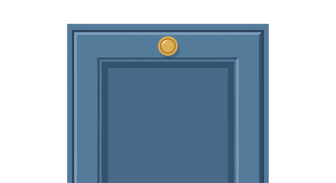 A close-up view features the upper section of a dark blue cabinet door with a single elegant golden knob and classic recessed paneling on white.