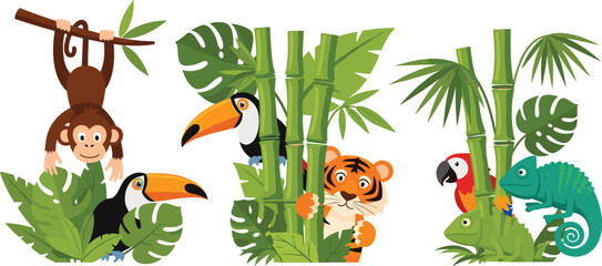 Fototapeta premium Jungle Animal and Bamboo Icon Set Featuring Monkey, Tiger, Toucan, Parrot, Chameleon, and Tropical Plants for Nature, Wildlife, and Adventure Designs.