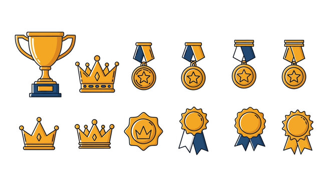 Collection of gold award icons and medals.