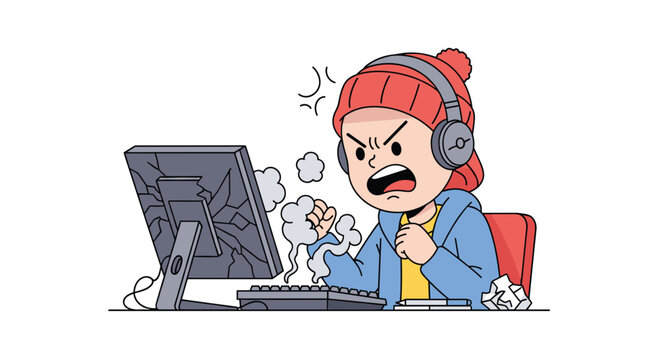 An angry young boy wearing headphones and a red hat shouts in frustration at a broken computer screen with smoke rising from the keyboard.