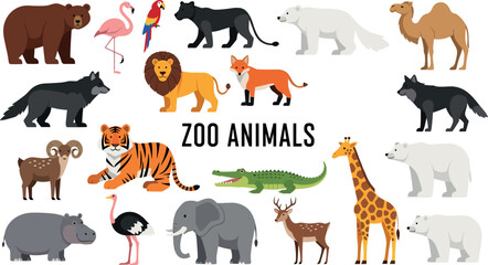 Fototapeta premium Zoo Animals Collection Including Bear, Lion, Tiger, Elephant, Giraffe, and More for Educational, Wildlife, and Illustration Designs