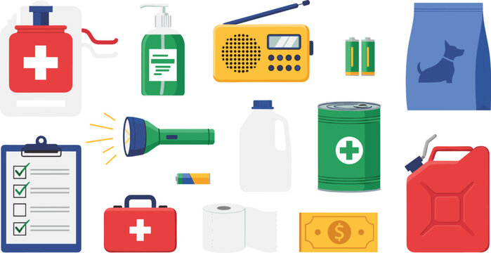 Emergency survival kit and disaster preparedness supplies collection featuring first aid radio flashlight battery water food and fuel flat style vector illustration set