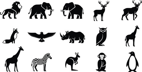 Fototapeta premium Silhouette collection of diverse animals a wildlife illustration