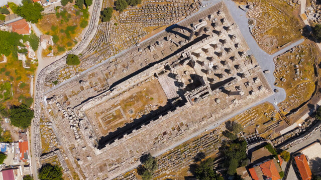 Didim, Turkey. Aerial drone view of the monumental Temple of Apollo at Didyma, detail of massive Ionic columns and ruins on a sunny summer day. Aerial View