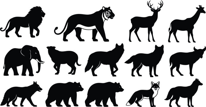 Silhouette collection of diverse african wildlife animals in a single frame