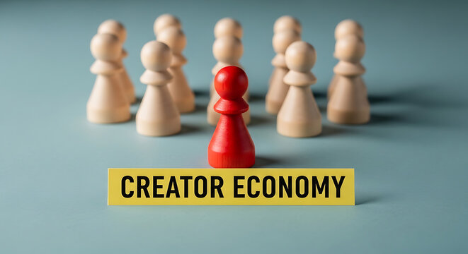 A single red pawn stands out from a group of white pawns, symbolizing leadership and individuality within the creator economy.