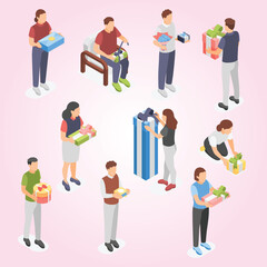 Fototapeta premium Isometric people with gift boxes men woman holding opens packing vibrant present box gifting time birthday party christmas holidays flawless vector set excitement happiness exchange 3d unboxing