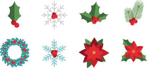 Christmas botanical decoration collection featuring holly berry snowflake poinsettia pine branch and wreath in red and green flat style vector illustration set © Aminul