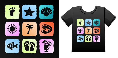 Retro Summer Beach Fun Icon Set Vector Illustration, Tropical Themed elements with Seashell, Sunrise, Cocktail, Fish, Pearl, Palm tree, Starfish, Footprint for T-Shirt Print, Poster, Coastal Design © Whiskerz