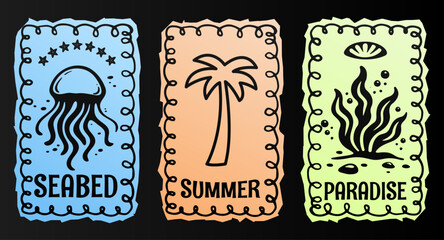 Retro Tropical Beach Postcard Sticker Set with Jellyfish, Palm Tree, Seaweed, Vintage Hand Drawn Travel Postage Stamp Signs Flat Vector Illustration for T-Shirt Prints, Poster, Sticker, Travel Design © Whiskerz