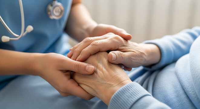 A compassionate nurse gently holds the hand of an elderly patient, offering comfort and support.