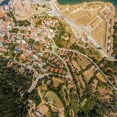 Fototapeta premium Canakkale, Turkey. Top down view of Kilitbahir Castle and Namazgah Bastion showing geometric patterns of Ottoman military architecture on Dardanelles Strait. Aerial view
