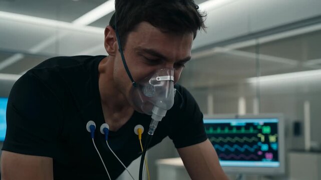Male athlete performing cardiovascular stress test on stationary bike in medical laboratory, sports science research and health monitoring for endurance and performance