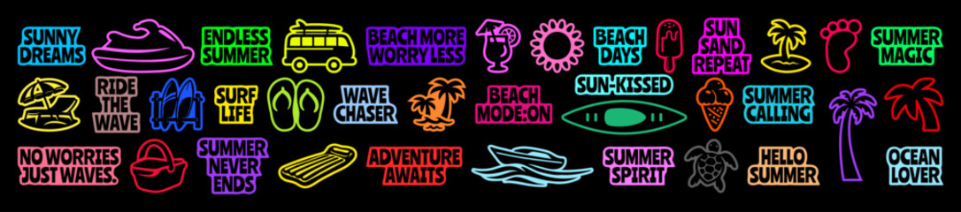 Retro Summer Beach Adventure Icon Set, Vintage Watersport, Coastal Lifestyle, & Travel Sticker Collection Flat Vector Illustration for T-Shirt Print, Apparel, Tropical Designs © Whiskerz