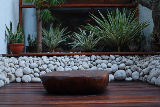 植物や石を背景にした庭の木製テーブル