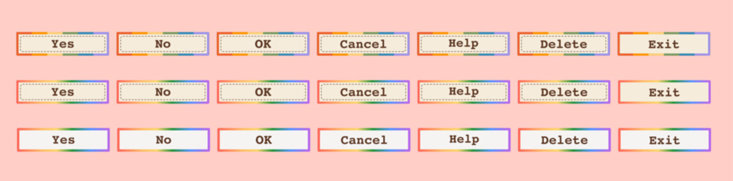 Retro computer UI button set with rainbow pride gradients. Nostalgic 90s internet browser dialogue buttons featuring Yes, No, OK, Cancel, Help, Delete, and Exit for LGBTQ design. Vector illustration.