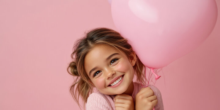 Smiling little girl holding pink balloon against pastel pink backdrop for children's party banner and kid friendly background