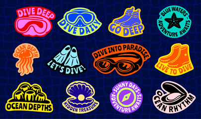 Retro Diving and Snorkeling Sticker set, Vintage Scuba Adventure Badge Collection With Goggles, Fins, Diving Boots, Jellyfish, Shell, Starfish Flat Vector Illustration for t-shirt print, beachwear © Whiskerz