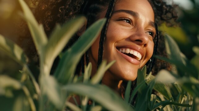 Smiling young woman nature portrait peeking through leaves for wellness banner and outdoor social media background