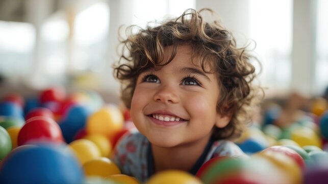 Happy toddler lying in a colorful ball pit looking up with a smiling face for children background and playful banner design