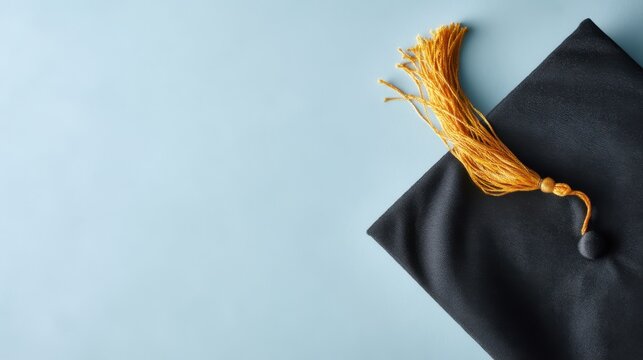 Graduation cap flat lay with gold tassel on blue background for announcement banner poster and invitation layout design